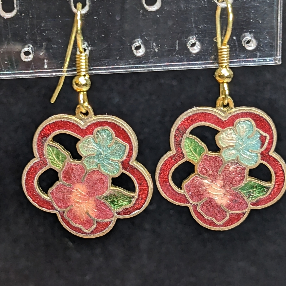 Vintage Cloisonne Cut-out Flower W/ Lily Earrings, Wirehook Pierced, NOS NWT